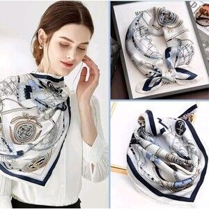 Roizsx Fashion Head Scarf Square Satin for Hair Beach Print Old Ship Navy/White